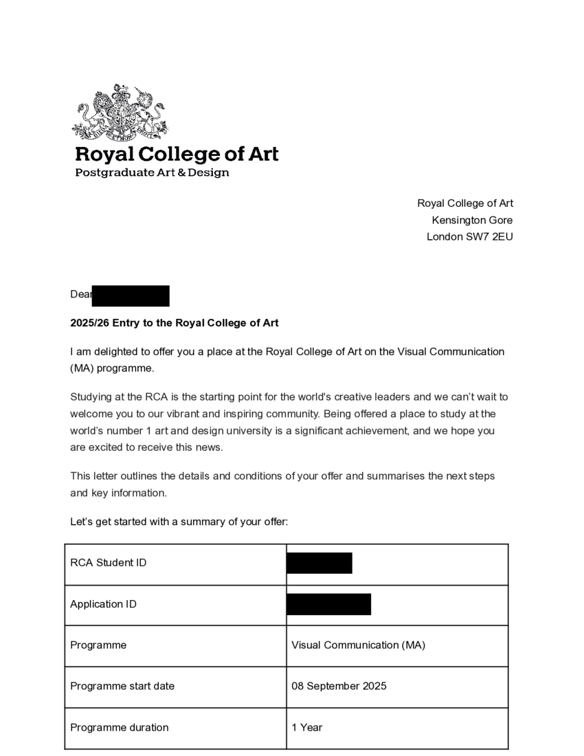 Offer letter, Royal College of Art, MA Visual Communication, 2025, with the name and identifiers redacted