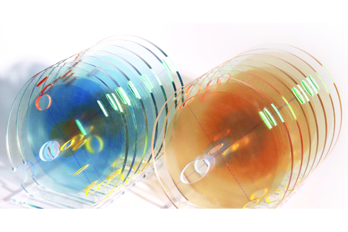Layered acrylic discs holding a coloured infographic record of a snail&rsquo;s behaviour